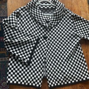 Vintage Black & White Checker Knit Sweater with Wide Collar and Bell Sleeves.